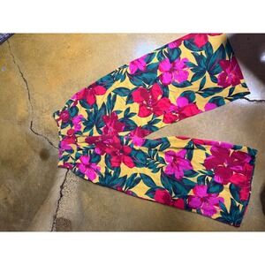 Tahari Linen‎ Floral Print Crop Pants Smocked Waist Yellow Pink Green Womens M